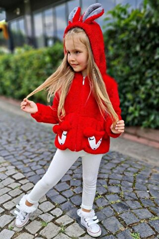 Riccotarz Kız Çocuk Kapüşonlu Kuzu Kulaklı Kırmızı Peluş Ceket