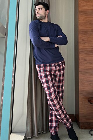 For You Homewear 2'li Ekose Flanel Lacivert Pijama Takımı