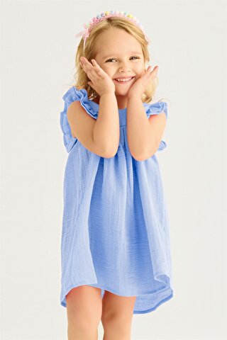 Zepkids Kız Çocuk Bebe Mavisi Renkli Geniş Büzgülü Kare Yaka Elbise
