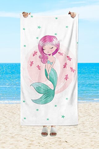 EVMİLA Deniz kızı desenli, baskılı 75x150 cm bebek/çocuk plaj havlusu
