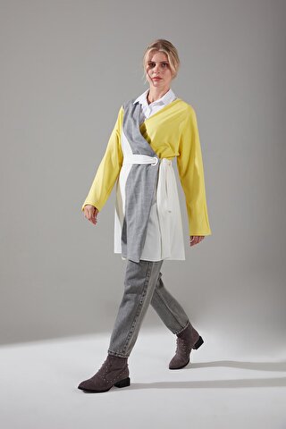 Mizalle Parçalı Kuş Gözlü İki İplik Kimono (Sarı)