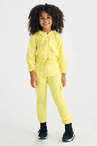 Zepkids Kız Çocuk Sarı Renkli Kapüşonlü Fileli Beli Büzgülü Alt üst Takım