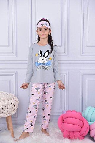 Pijakids Gri Fiyonklu Tavşan Baskılı Göz Bantlı Kız Çocuk Pijama Takımı 17024