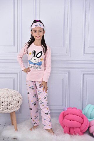 Pijakids Pembe Fiyonklu Tavşan Baskılı Göz Bantlı Kız Çocuk Pijama Takımı 17025