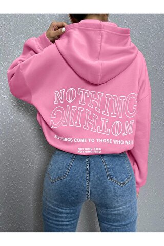 Trendseninle Kadın PEMBE Ters Düz Nothing Baskılı Oversize Sweatshirt
