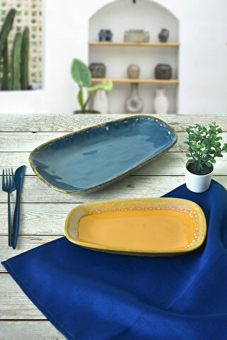 Keramika Shizen Hardal Sarı / Mavi Tetra Kayık Tabak 28-21 Cm