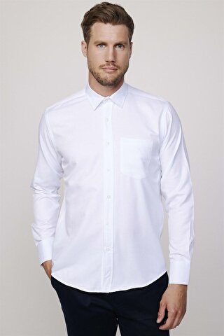 TUDORS Klasik Fit Pamuklu Kolay Ütü Armürlü Erkek Beyaz Gömlek