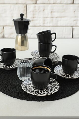 Keramika Leopar Mat Siyah Kahve Takımı 12 Parça 6 Kişilik