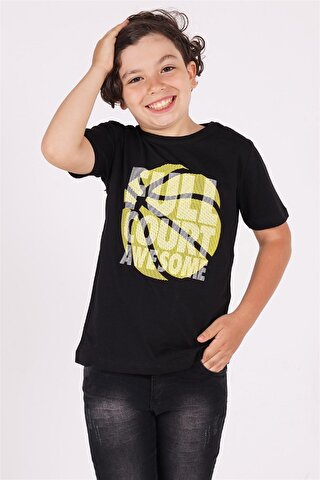 Zepkids Erkek Çocuk Siyah Renkli Kısa Kollu Basketbol Topu Baskılı Tişört