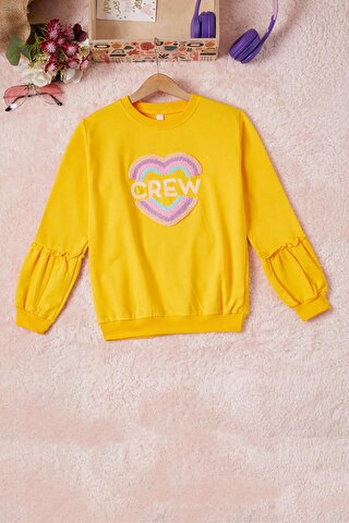 Pembe Life Kids Club Sarı Renkli Kalp Desenli Payetli Kız Çocuk Sweatshirt 16696