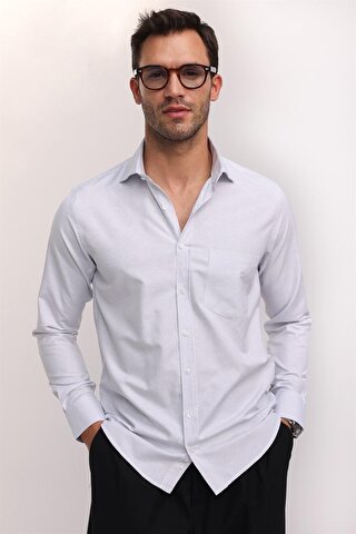 TUDORS Klasik Fit Pamuklu Kolay Ütü Çizgili Erkek Beyaz Gömlek