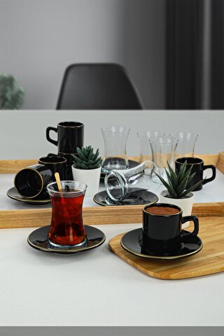 Keramika Siyah Fileli Çay/Kahve Takımı 18 Parça 6 Kişilik