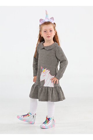 Casabony Unicorn Ekose Fırfırlı Kız Çocuk Elbise