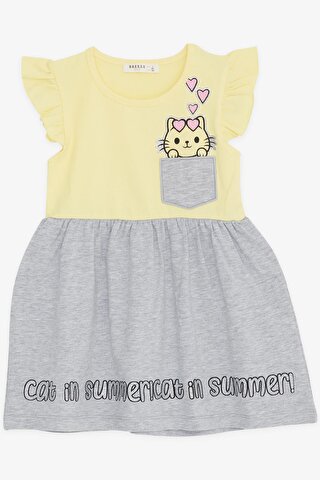 Breeze Kız Çocuk Elbise Cepli Simli Kedicik Baskılı Sarı (1.5-5 Yaş)