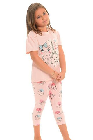 LITTLE FROG KIDS Pamuklu Kısa Kollu Desenli Taytlı Kız Çocuk Pijama Takım