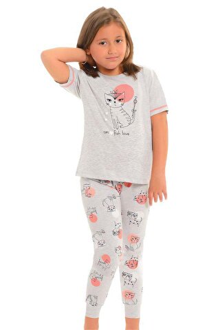 LITTLE FROG KIDS Pamuklu Kısa Kollu Desenli Paça Bantlı Kız Çocuk Pijama Takım