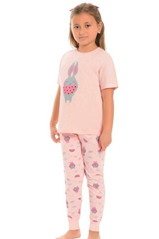 LITTLE FROG KIDS Pamuklu Kısa Kollu Desenli Paça Bantlı Kız Çocuk Pijama Takım