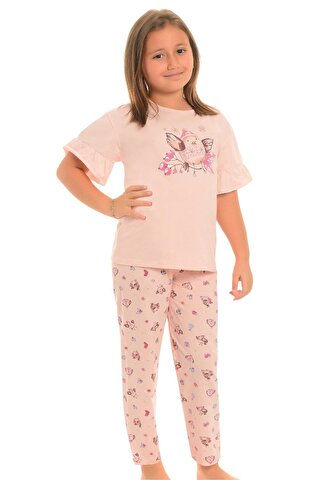 LITTLE FROG KIDS Pamuklu Kısa Kollu Desenli Düz Paça Kız Çocuk Pijama Takım