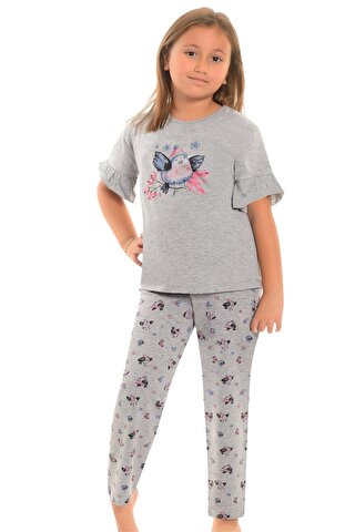 LITTLE FROG KIDS Pamuklu Kısa Kollu Desenli Düz Paça Kız Çocuk Pijama Takım