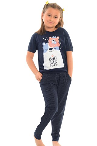 LITTLE FROG KIDS Pamuklu Kısa Kollu Baskılı Paça Bantlı Cepli Kız Çocuk Pijama Takım
