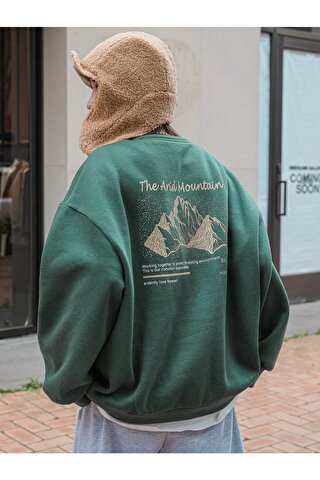 Trendseninle Kadın YEŞİL Arid Mountain Baskılı Oversize Sweatshirt
