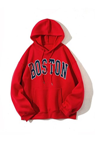 Trendseninle Kadın Kırmızı Oversize Boston Baskılı Kapüşonlu Sweatshirt