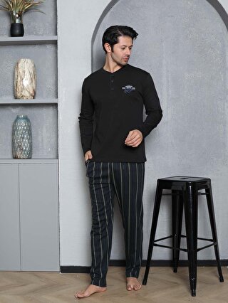 ahengim Erkek Pijama Takımı İnterlok Altı Çizgili Pamuklu Mevsimlik M70102272
