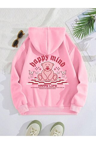 Trendseninle Kadın Pembe Happy Mind Happy Life Baskılı Kapüşonlu Sweatshirt