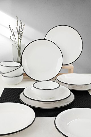 Keramika Ege Beyaz Siyah Fileli Yemek Takımı 12 Parça 4 Kişilik