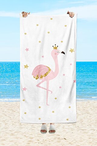 EVMİLA Flamingo Desenli Baskılı Deniz Ve Plaj Havlusu Beyaz