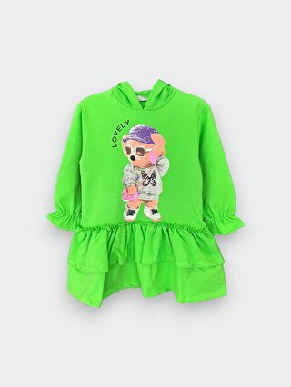 Little Star Kız Çocuk Ayıcıklı Fırfırlı Kapüşonlu Elbise