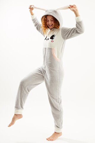ECROU Kadın Gri Sevimli Tavşan Welsoft Polar Tulum Pijama Takımı