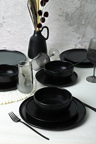 Keramika Mat Siyah Nordic Yemek Takımı 18 Parça 6 Kişilik