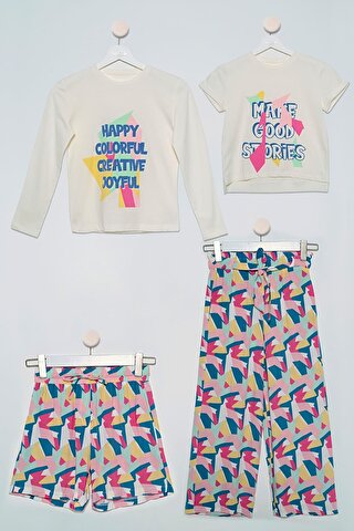 For You Kids 4'lü Tshirt Bluz Pantolon Şort Sarı Takım