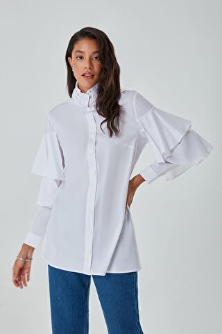 Mizalle Fırfır Detaylı Beyaz Gömlek