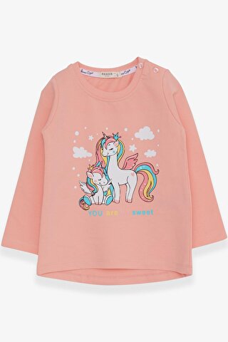 Breeze Kız Çocuk Sweatshirt Sevimli Unicorn Baskılı Somon (1-4 Yaş)
