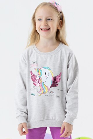 Breeze Kız Çocuk Sweatshirt Unicorn Baskılı Gri Melanj (2-3 Yaş)