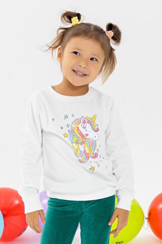 Breeze Kız Çocuk Sweatshirt Baskılı Pullu Unicorn Ekru (2-5 Yaş)