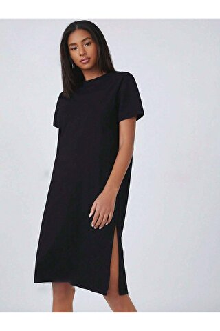 Trendseninle Kadın Siyah %100 Pamuk Yırtmaçlı Basic Elbise