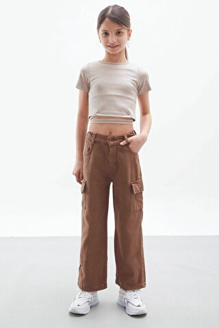 Cansın Mini Kahverengi Kargo Cepli Geniş Paça Kız Çocuk Jean Pantolon 18116