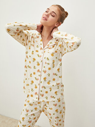 LC Waikiki Gömlek Yaka Çiçekli Uzun Kollu Pamuklu Kadın Pijama Takımı