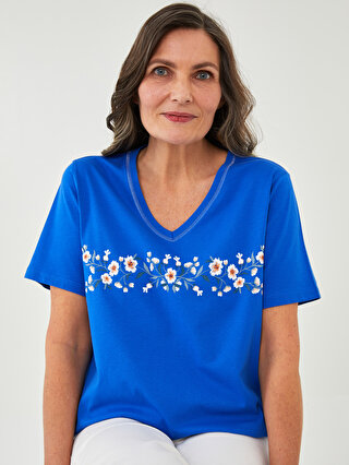 Women's V-Neck Floral Short Sleeve Cotton T-Shirt -S2CM54Z8-HNA ...