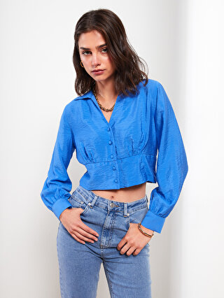 LC Waikiki Gömlek Yaka Düz Uzun Kollu Crop Kadın Bluz