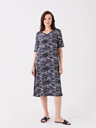 V-Neck Patterned Short Sleeve Linen Look Women's Dress 