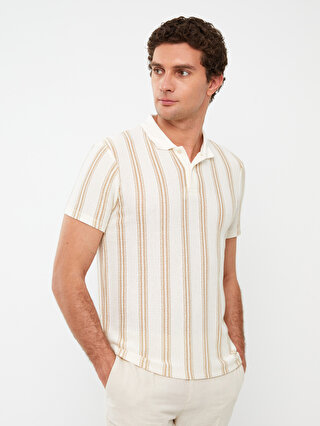 Polo Neck Short Sleeve Striped Linen Blended Men's T-Shirt -S37754Z8 ...