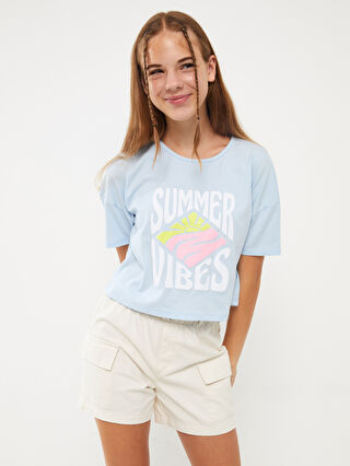 大特価 pop Printed Neck Crew Poncho Short T-Shirt Crop Girls' Sleeve 口紅