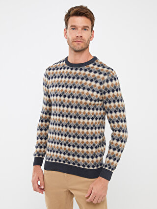 Crew Neck Long Sleeve Patterned Men's Tricot Sweater -W30595Z8-D1N ...