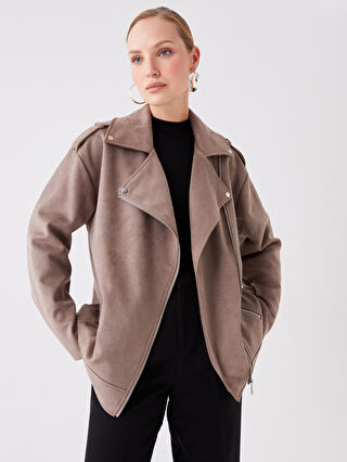 Biker Collar Long Sleeve Suede Women's Coats -W31204Z8-GNH - W31204Z8-GNH -  LC Waikiki
