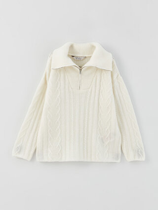 Polo Neck Patterned Long Sleeve Girls' Knitwear Sweater -W31275Z4 