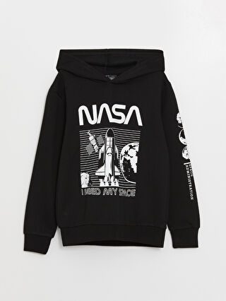 Siyah Nasa Baskılı Uzun Kollu Erkek Çocuk Hoodie - W39172Z4-CVL - LC Waikiki